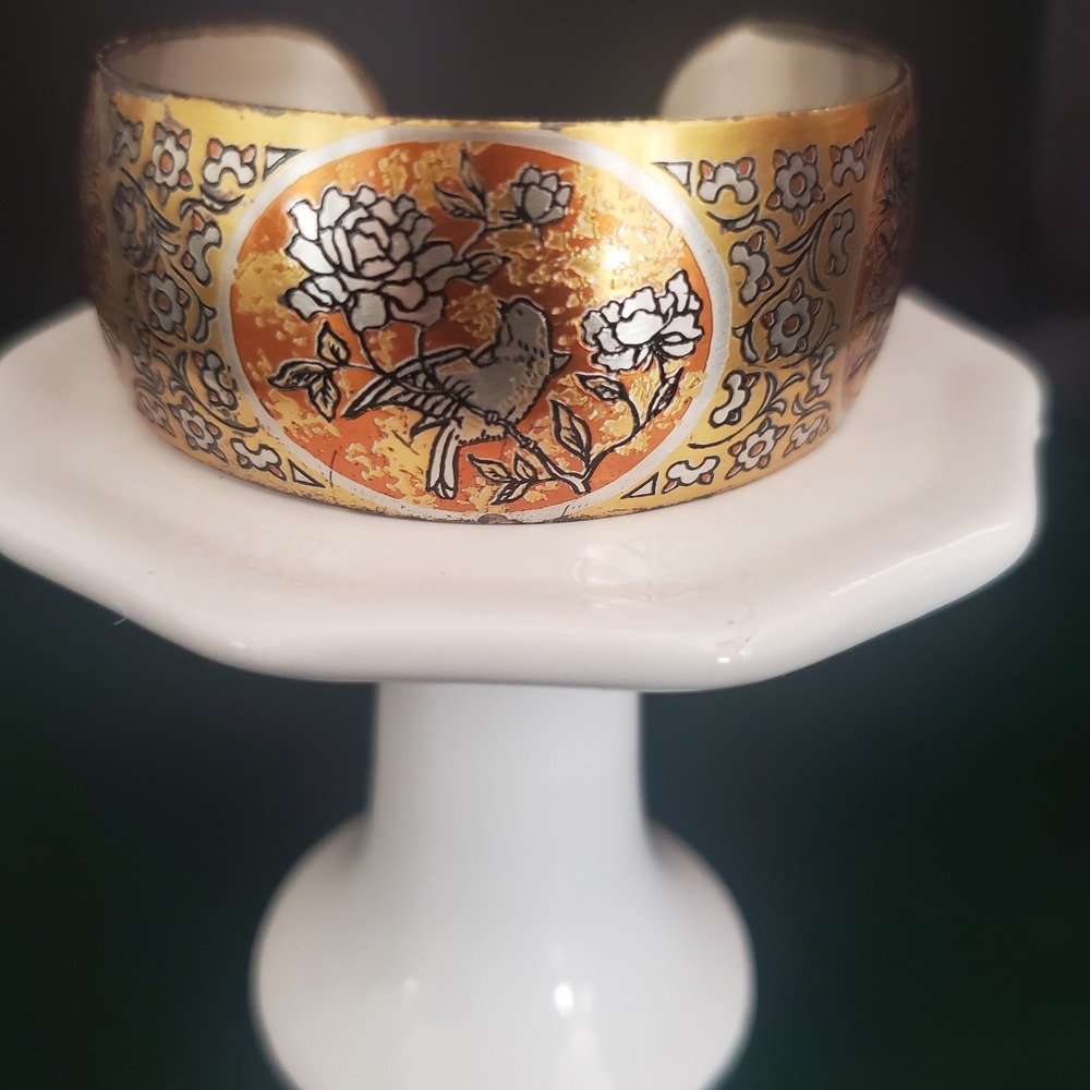 VTG Reed & Barton Damascene Cuff Bracelet with Gold Tone Bird Design 70's READ